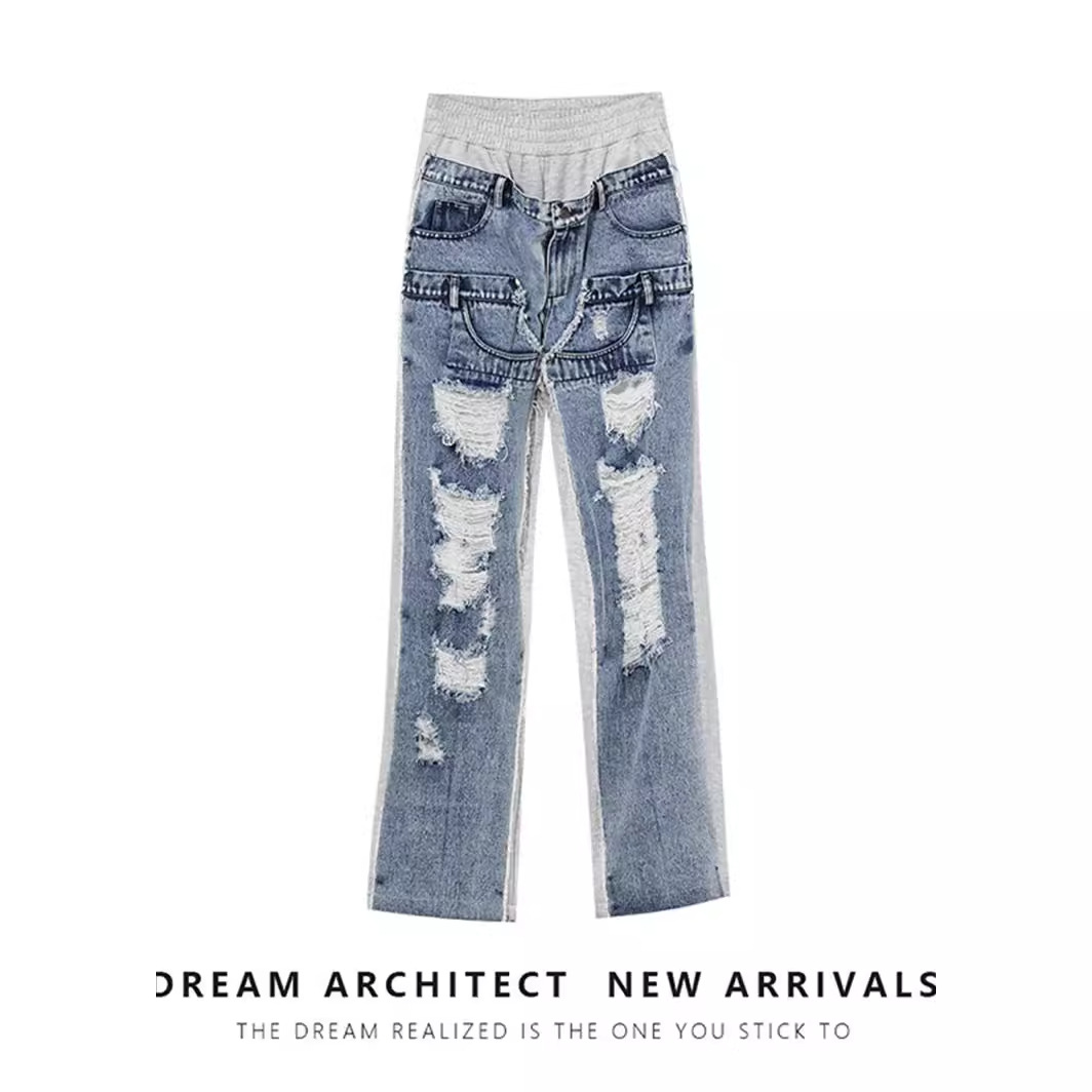 Women's Clothing retro design high waist retro hand distressed patchwork two piece patchwork straight trousers_voghion.com