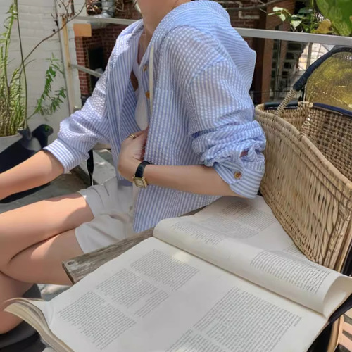 French Design Style 2024 Summer Versatile Single Button Striped Short Sleeve Loose Long Sleeve Sun Protection Hooded Shirt for Women