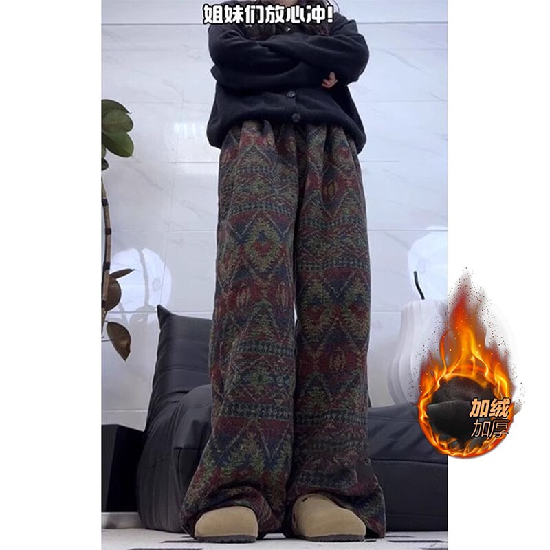 New Chinese Style Dirty Style Pants for Men and Women in Autumn and Winter Plus Velvet Wide-Leg Pants Straight Casual Pants Loose Flat Pants