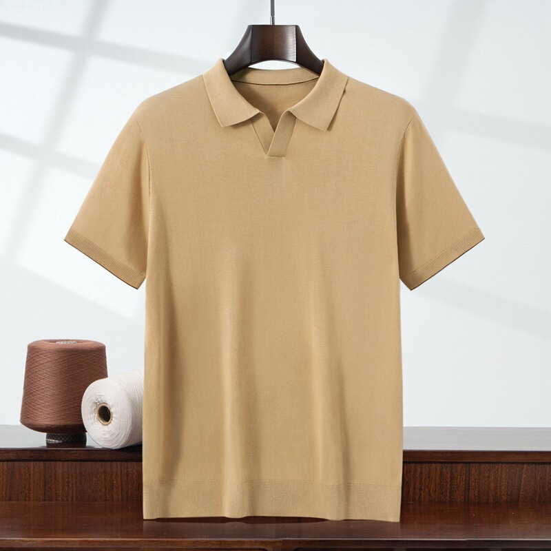 Lyocell Tencel Italian Seagull Collar Solid Color Knitted Men's Short Sleeve 25 Summer Thin Versatile Base Shirt Top Lyocell Tencel Italian Seagull Collar Solid Color Knitted Men's Short Sleeve 25 Summer Thin Versatile Base Shirt Top