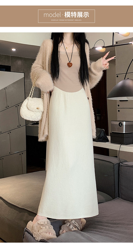 ベルベットの厚いニットのスカートの女性秋冬の新しい小柄なストレートのフォークのスカートのa字のお尻の長いスカート|undefined
