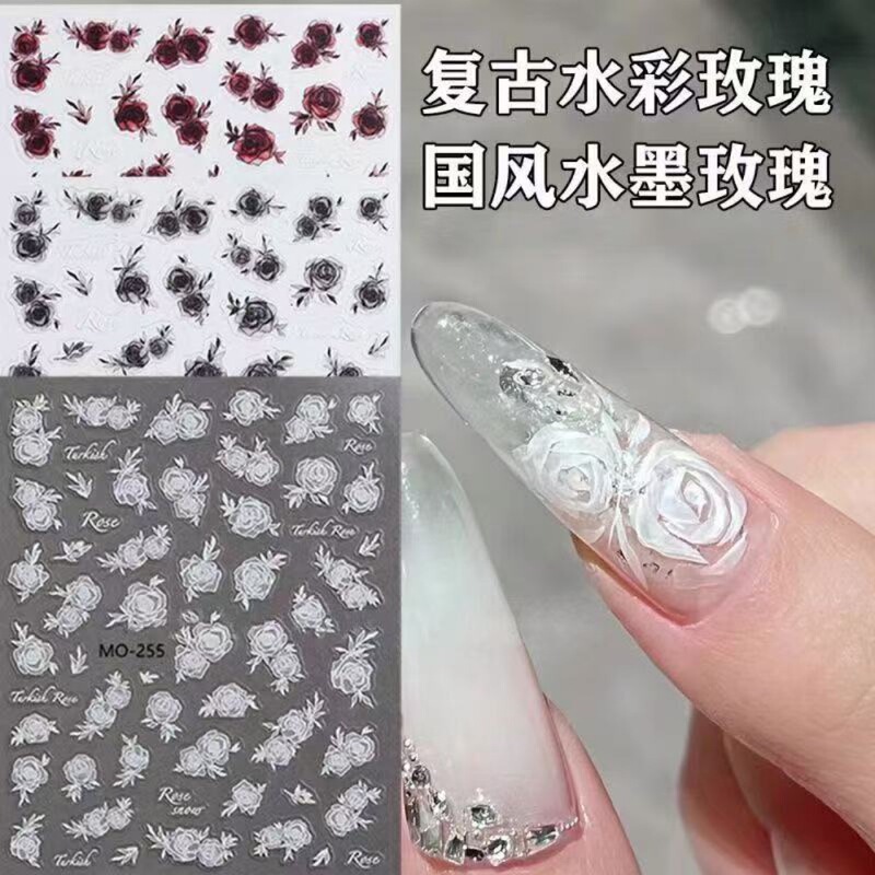 Spring Flower Nail Art Stickers Wholesale 3D Embossed White Rose Camellia Cherry Blossom Butterfly Adhesive Nail Stickers