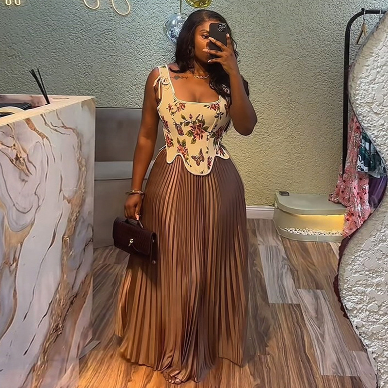 European and American Women's 2025 Summer New Sweet and Fresh Printed Waist Vest High Waist Half Pleated Skirt Two-piece Set