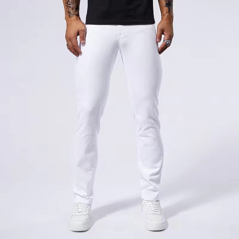 New summer men's white casual versatile high-elastic straight-leg jeans, paired with a slim-fit stylish men's shirt