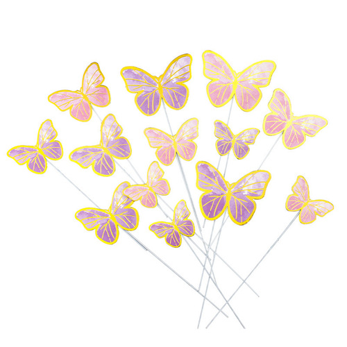 Beautiful ins style hot gold edge paper three-dimensional pink purple wire butterfly baking cake decoration ornaments plug-in