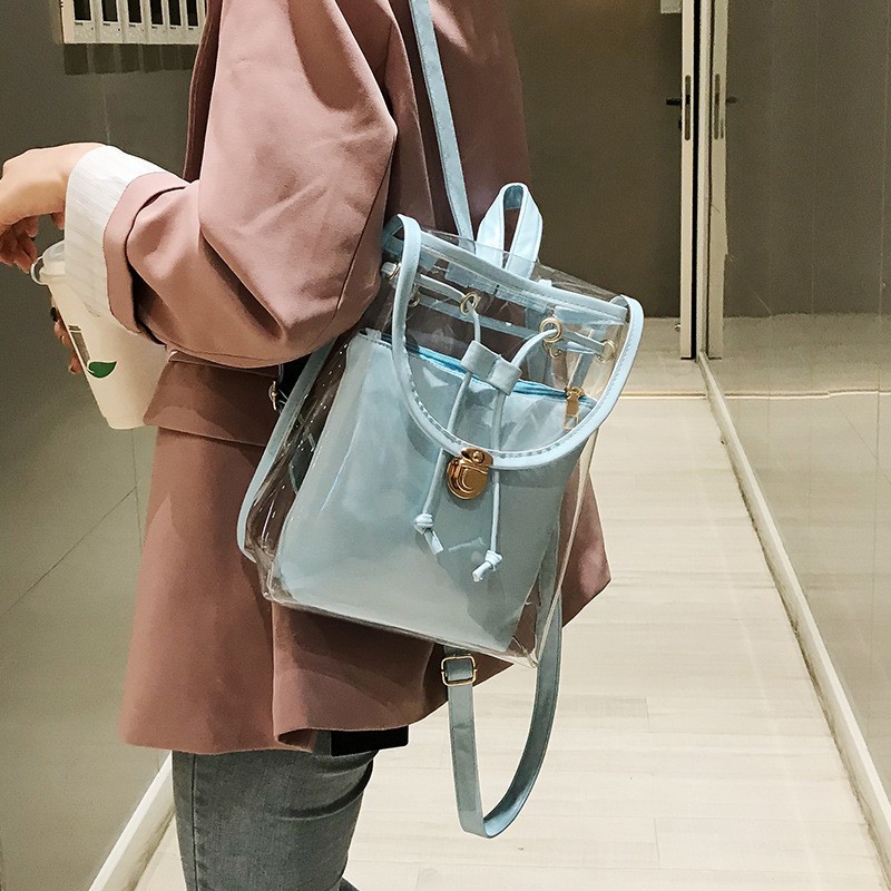 韩版透明水晶双肩包 夏新款PVC户外旅行包果冻包清新甜美小背包女