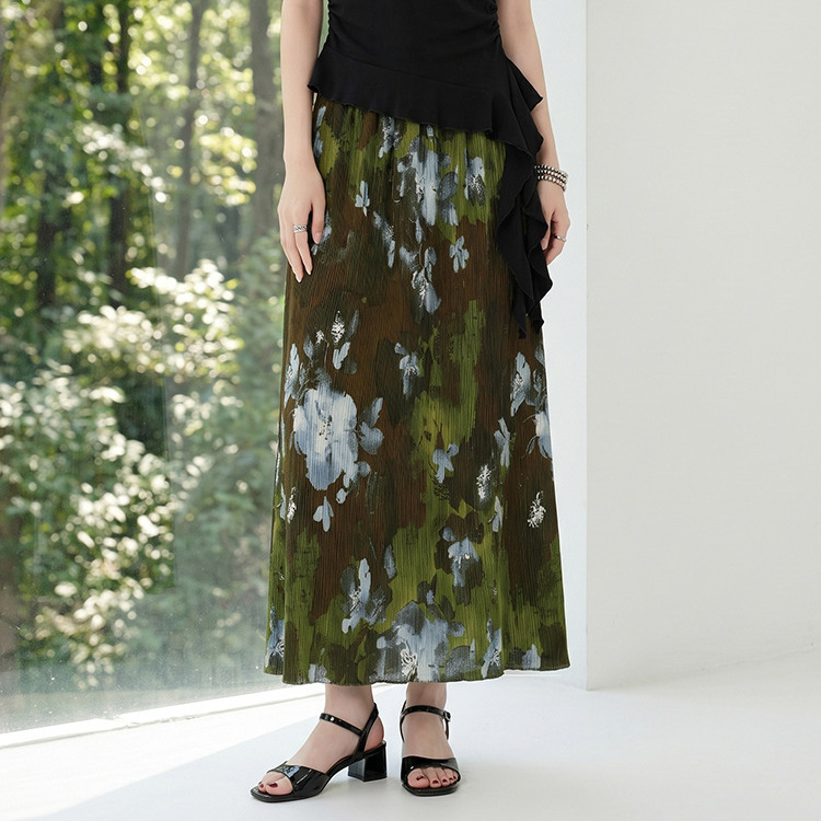Floral Pleated Skirt for Women, Summer Vacation Style, Versatile Printed High-Elastic Issey Miyake Handmade Pleated Straight Skirt with Slit, Long Skirt