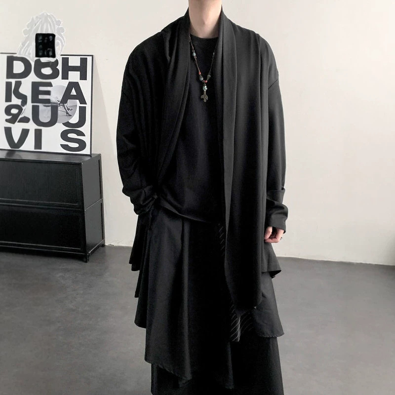 New Chinese Zen-inspired tea robe/cloak for men, spring style, irregular design, mid-length loose Hanfu jacket.