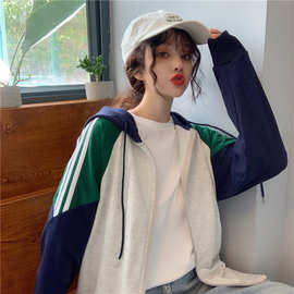 2026新款口袋开衫连帽卫衣外套女薄款撞色BF风宽松条纹棒球服上衣