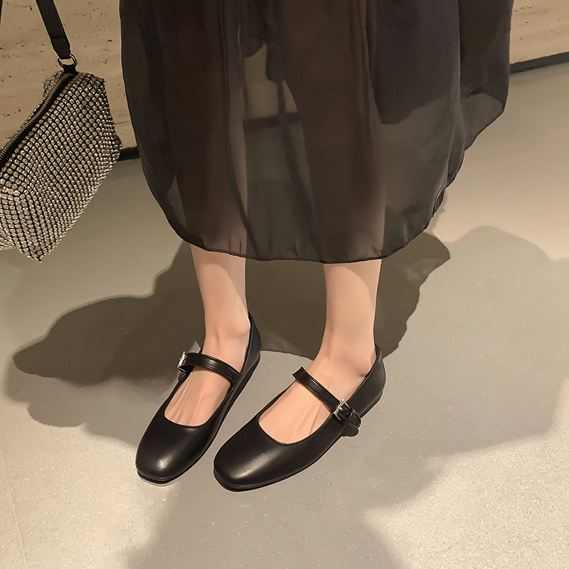 2024 primavera nuevo estilo hebilla zapatos planos de corte bajo pequeño dedo del pie cuadrado retro de cuero suave inferior suave zapatos de mujer Mary Jane