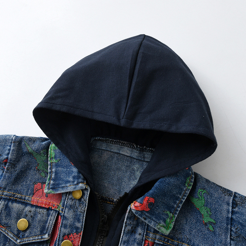 Ropa para niños de comercio exterior, niños europeos y americanos, chaqueta con capucha de mezclilla con estampado de dinosaurio de manga larga de otoño, camisa de mezclilla con cremallera informal