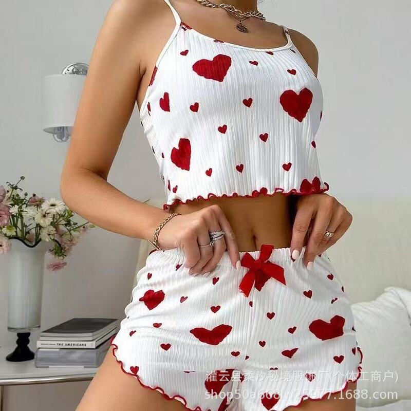 Summer New Style European and American Knitted Ribbed Heart Print Design Plus-Size Camisole Shorts Pure Desire Pajamas for Women Wholesale Summer New Style European and American Knitted Ribbed Heart Print Design Plus-Size Camisole Shorts Pure Desire Pajamas for Women Wholesale