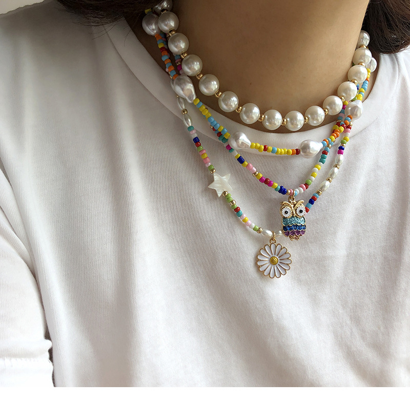 Korean style owl flower peral collar color bead collarbone necklace wholesale