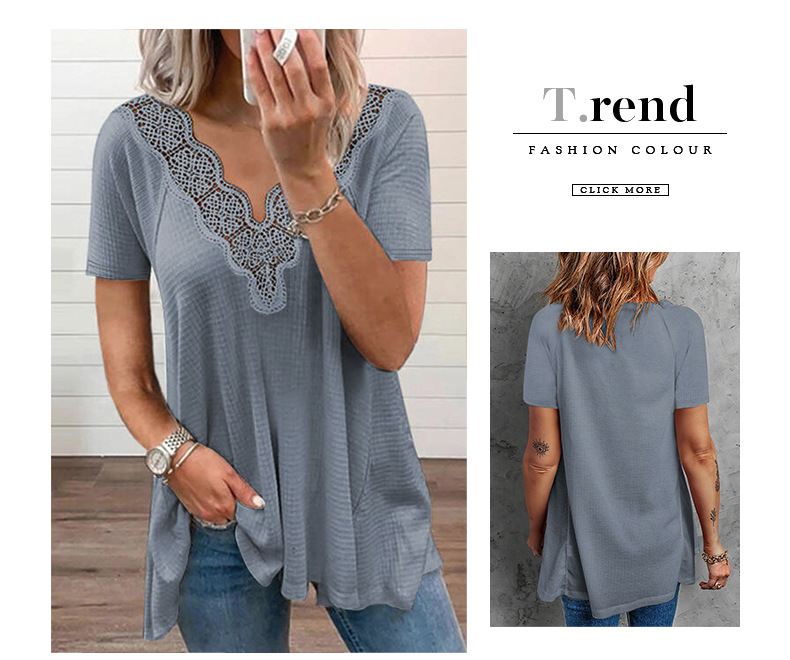 short-sleeved solid color lace stitching v-neck pullover t-shirt NSSI129527