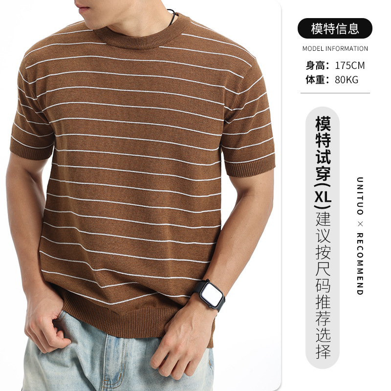 T-shirt de manga corta de punto a rayas de hombre verano de cuello redondo blusa de color contrastante de negocios casual versátil blusa de punto hombre