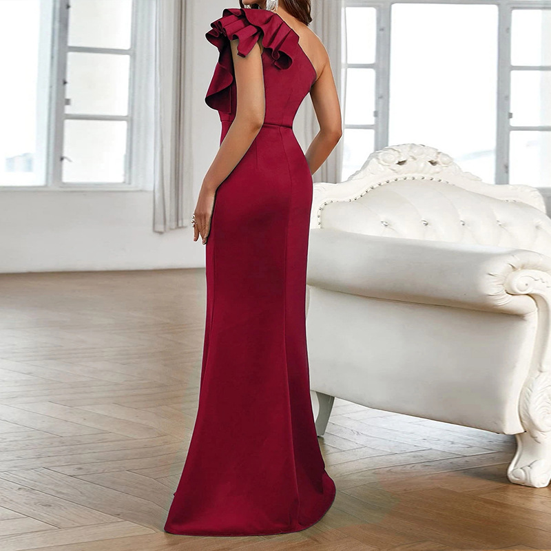 Women's Clothing one shoulder ruffled slit fishtail hem prom bridesmaid dress banquet wedding engagement dress_autovado.com