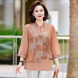 Middle-aged and elderly women's mother's spring and summer seven-sleeve fake two-piece casual pullover T-shirt grandma's western style