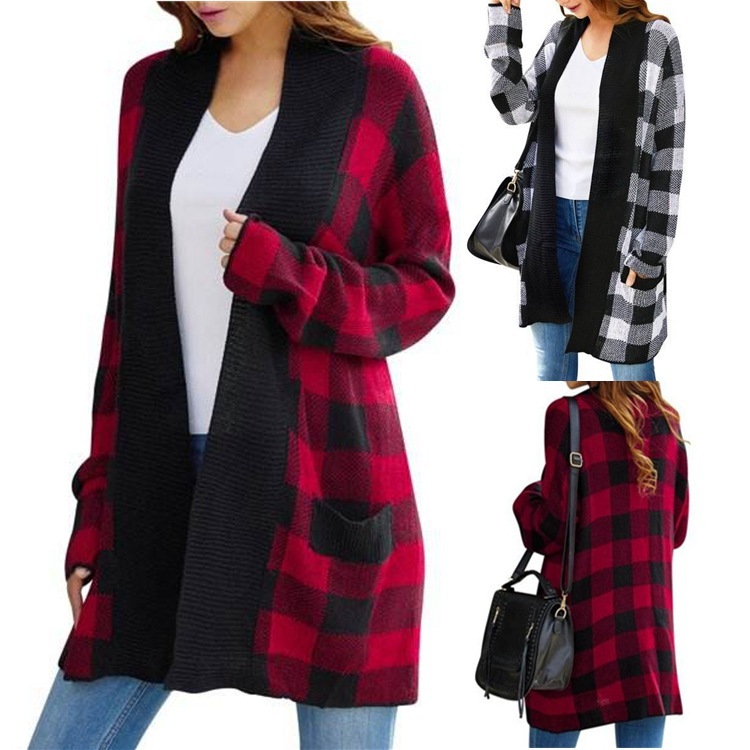 ヨーロッパとアメリカの貿易婦人服 AliExpress Amazon eBay 新しい大きいサイズのチェック柄ポケット長袖セータージャケット女性用|undefined