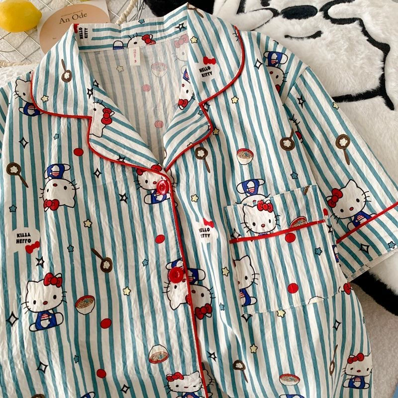 Привет, котик, летний пижамный комплект, тонкие шорты, симпатичный кардиган, набор, с коротким рукавом