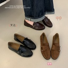 英伦风复古圆头乐福鞋女2025秋新款百搭一脚蹬布洛克小皮鞋单鞋
