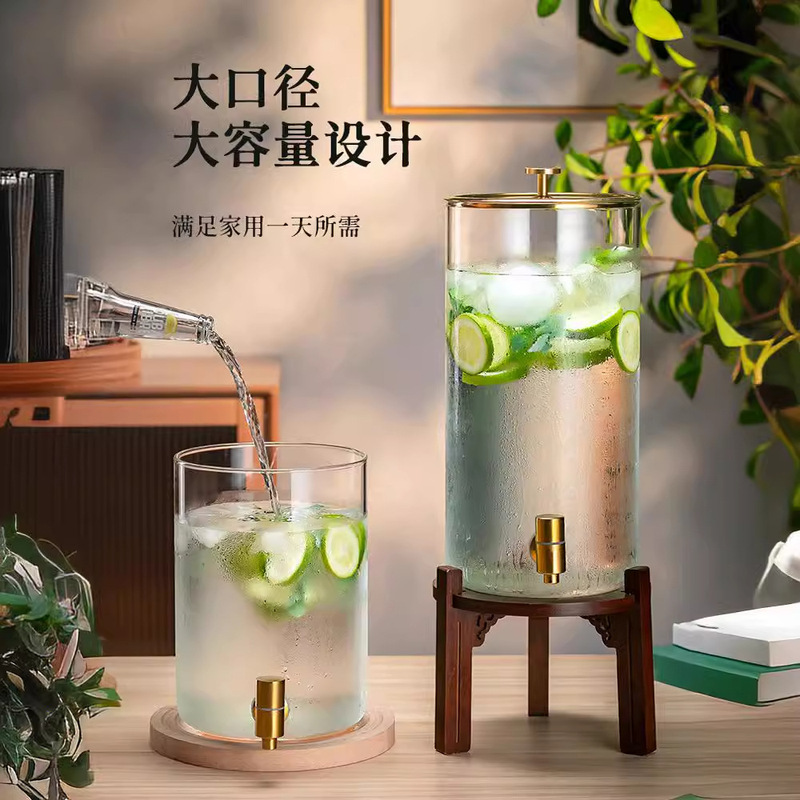 Large capacity cold water bottle with faucet glass bubble beverage bucket high temperature resistant household water storage fruit tea cold water bottle commercial