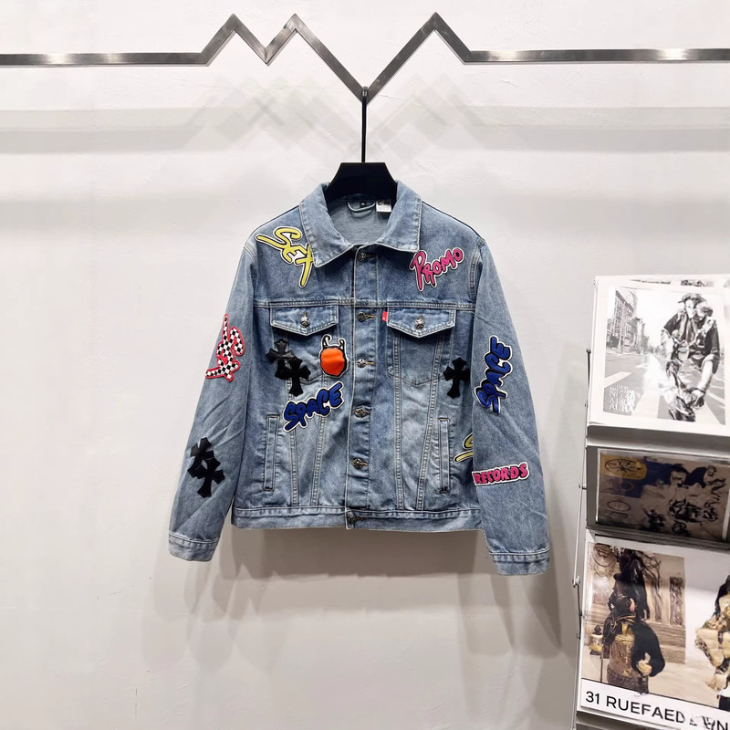 Chrome Hearts High-End Version 25 New Cartoon Letter Patch Cross Patchwork Leather Couple Denim Jacket Chrome Hearts High-End Version 25 New Cartoon Letter Patch Cross Patchwork Leather Couple Denim Jacket