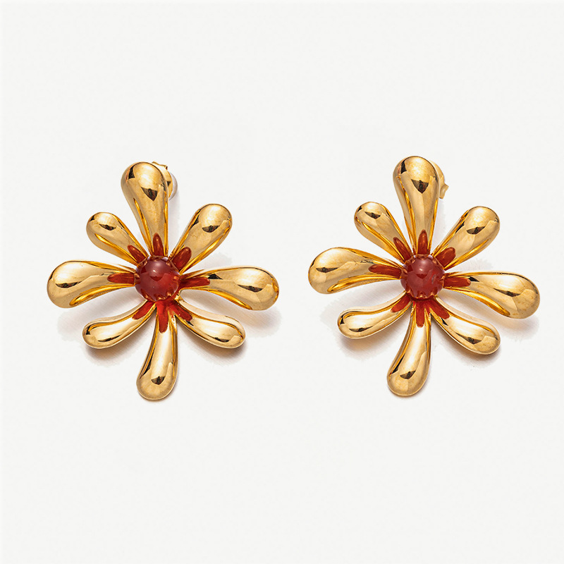 Tina transfronteriza inswind orejetas de acero inoxidable chapado 18K oro sol piedra natural delicada flores de orejetas versátiles