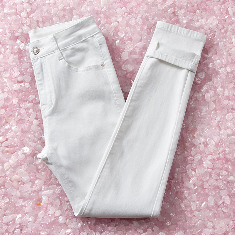 High-Waisted Women's Pencil Jeans Plus Size Korean Style Blue Gray Black White Slim Fit Skinny Pants Student Stretch Long Pants