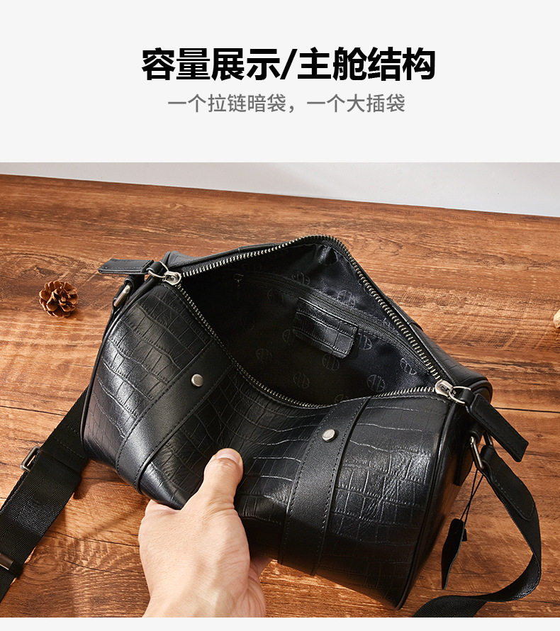 Túi đeo chéo nam da bò thật họa tiết cá sấu, túi đeo vai siêu nhẹ đựng vừa máy tính bảng 8 inch — Màu nâu, hoa văn cá sấu đen, màu đen chi tiết 13
