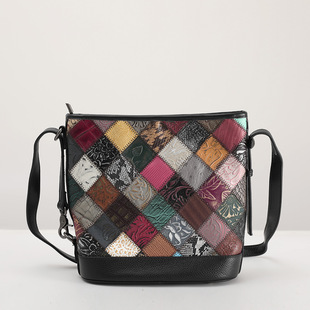 First-Layer Cowhide Ethnic Style Women's Bag, Personalized Stitching Genuine Leather Shoulder Bag, Fashionable Colorfulful Cylindrical Women's Cross-Body Leather Bag