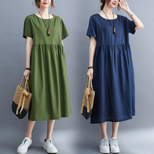2022夏季新品大码女装韩版文艺纯色宽松显瘦棉麻连衣裙IF9610