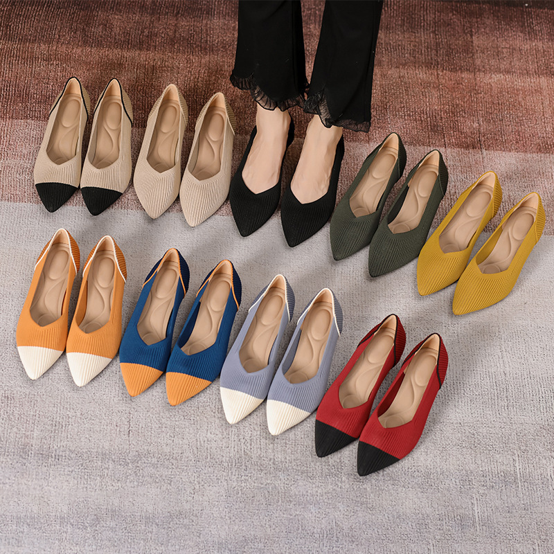Chanel-style color-block princess mid-heel shallow single shoes with cat heel, knitted pointed toe, fly-knit soft sole, breathable high-heeled women's shoes for spring and autumn Chanel-style color-block princess mid-heel shallow single shoes with cat heel, knitted pointed toe, fly-knit soft sole, breathable high-heeled women's shoes for spring and autumn