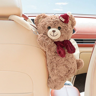 Creative car tissue box, cute cartoon tissue holder, hanging high-end decoration, car tissue hanging bag (Car tissue box/set) - iqi-bear-coffee-color-space-upgradesmooth-paper-extraction
