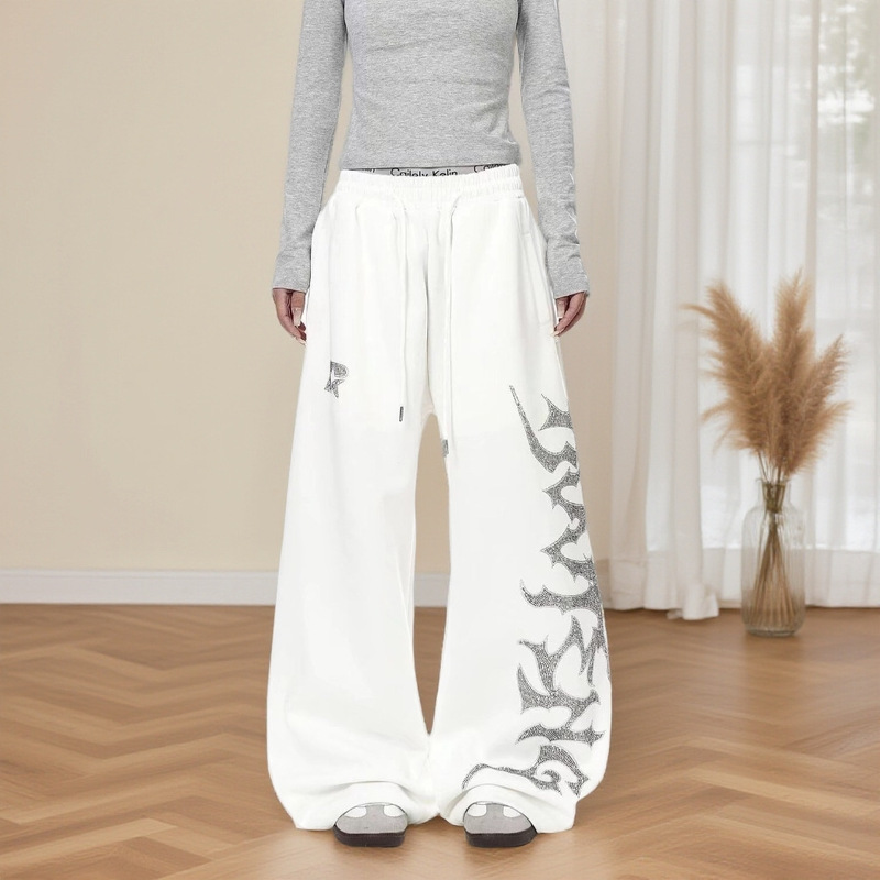 American-Style Rhinestone Casual Sweatpants, Autumn and Winter Loose Sweatpants, Wide-Leg Pants, Trendy Jazz Dance Pants, Drapey Floor-Length Pants