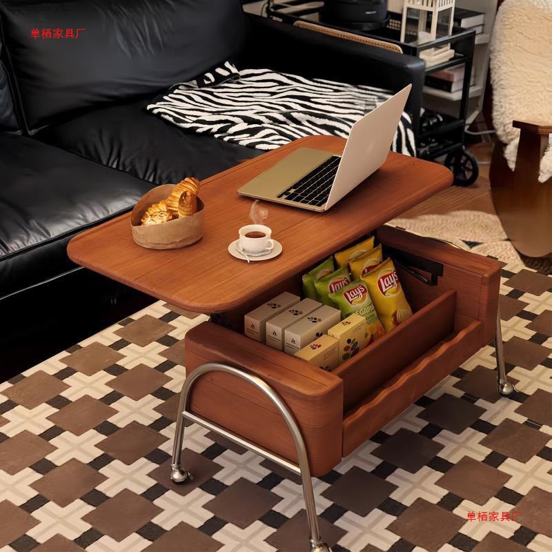 中古实木移动升降茶几家用客厅沙发边收纳推车法式复古折叠小茶桌