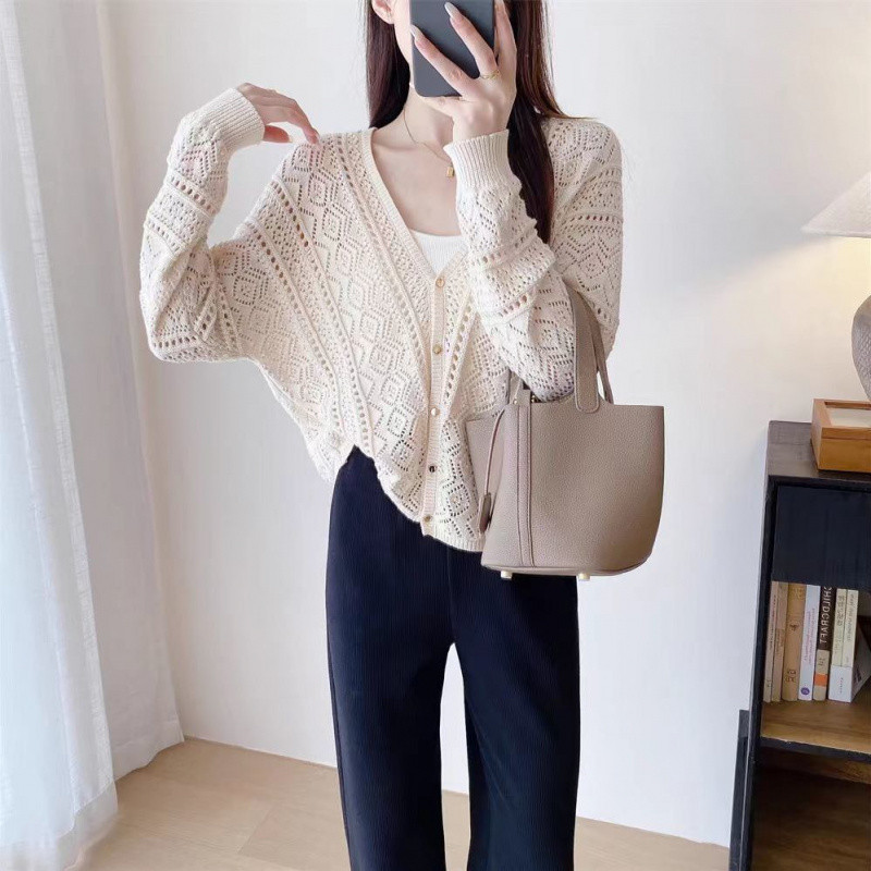 가벼운 럭셔리 프랑스 스타일 보헤미안 캐주얼 탑 V-넥 크로 셰 뜨개질 할로우 긴팔 니트 카디건 블라우스 탑