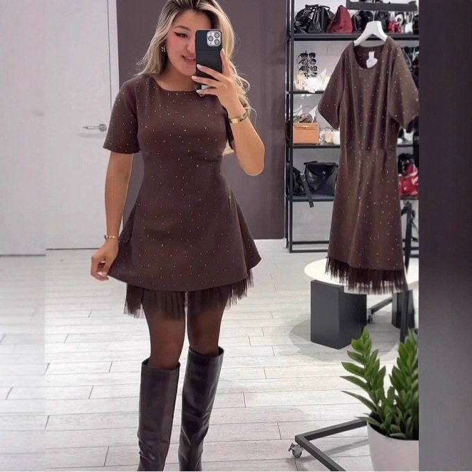 2025 Cross-Border European and American Spring/Summer New Style Rhinestone-Trimmed Hem Mesh Ruched Solid Color Commuter Fashion Dress for Women