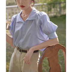 夏のフランス風の雰囲気の泡袖のシフォンのシャツの女性の港の味のレトロな半袖のシャツはゆったりしていて痩せています。