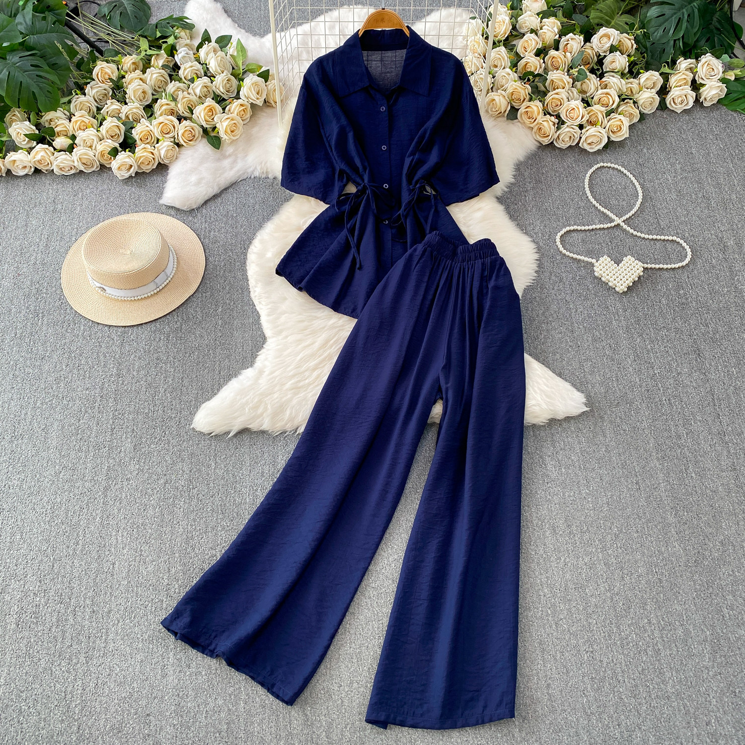 High-Waisted Slimming Collared Shirt with Side Ties And Wide Leg Trousers Women's Outfit Casual Style Set_ecoleips.com