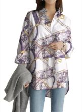 2021欧美外贸速卖通女装春秋冬季新款长袖上衣链条印花翻领衬衣