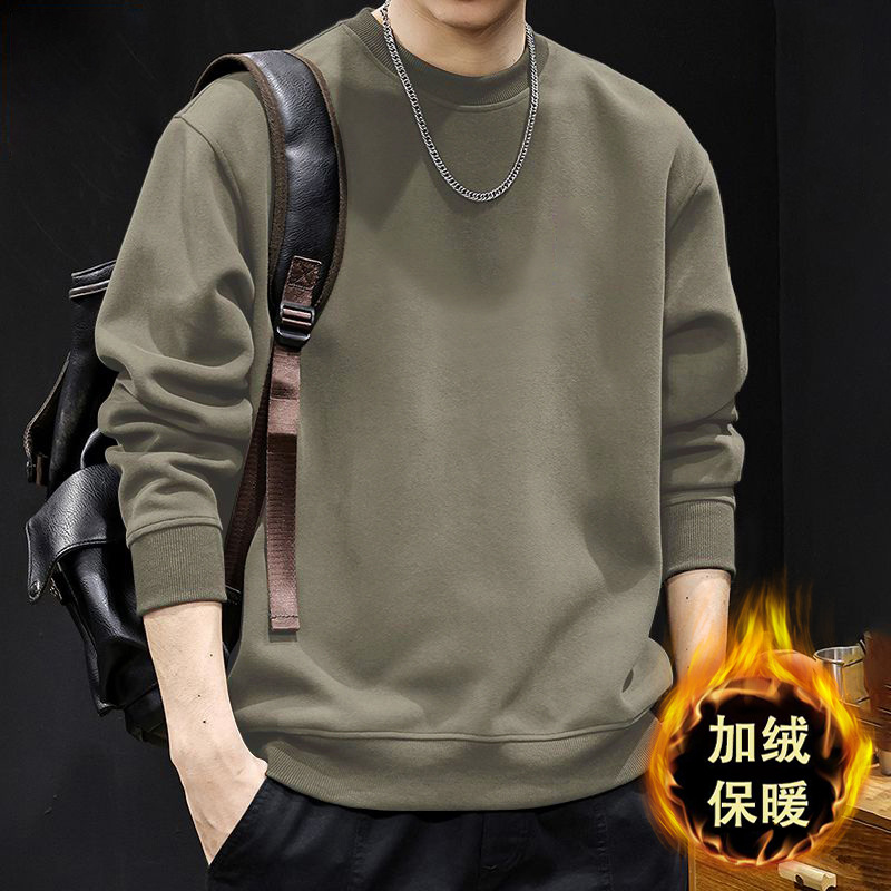 오트밀 그레이 라운드넥 스웨트셔츠 플러스 벨벳 스타일 - 솔리드 컬러 [GL]