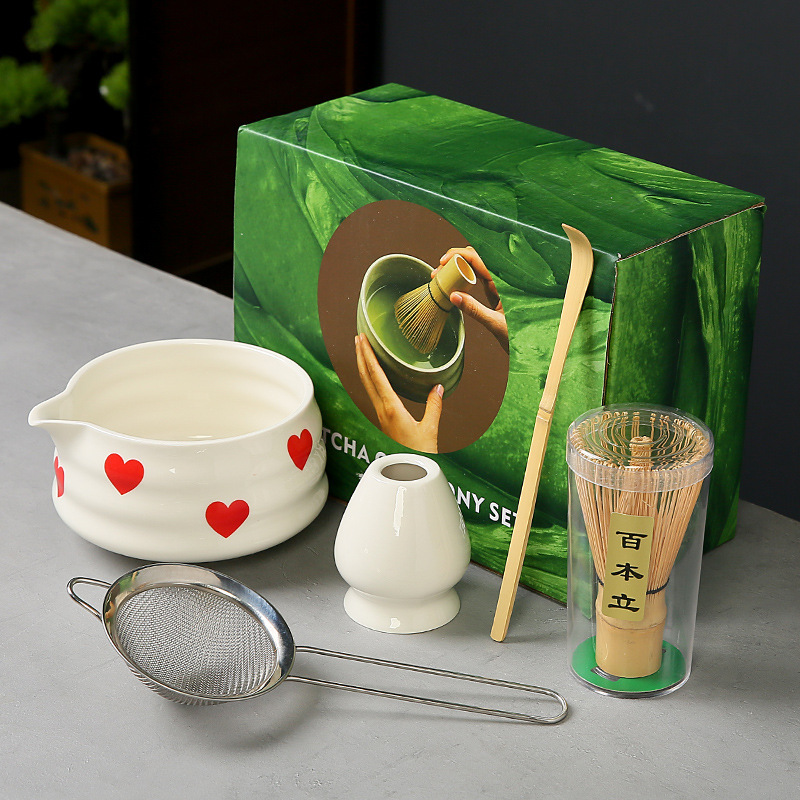 跨境抹茶碗套装樱桃蝴蝶结心形图案花纸陶瓷百本立茶筅点茶系列|undefined