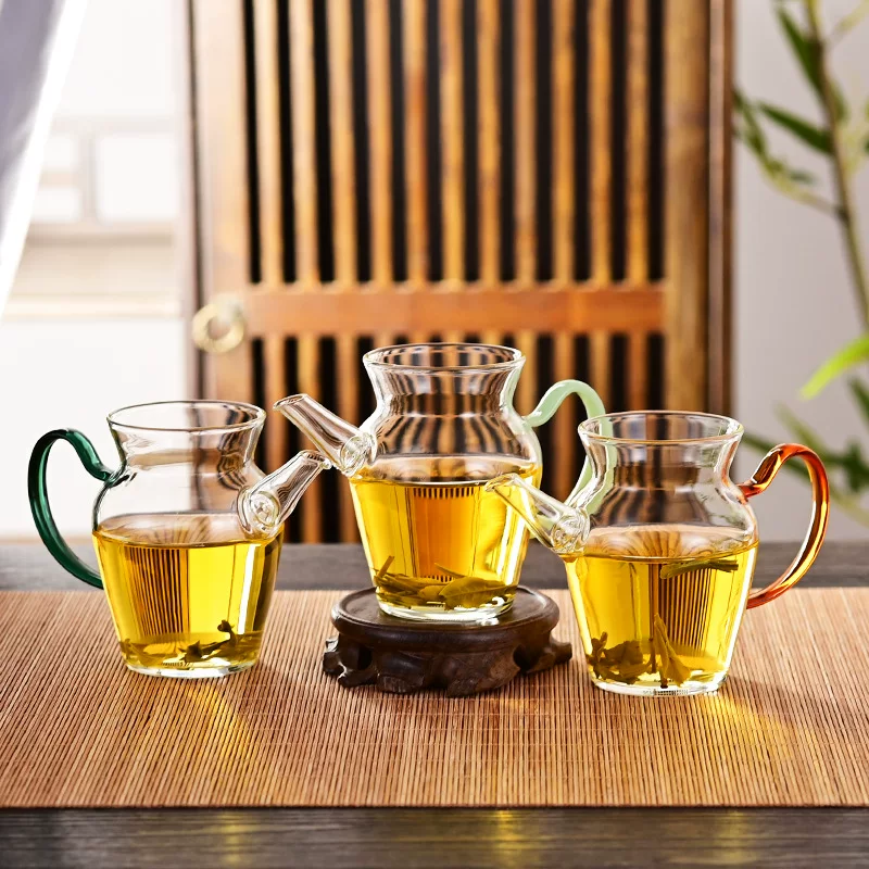 Glass teapot, small flavored tea server with colored handle, compact exquisite design