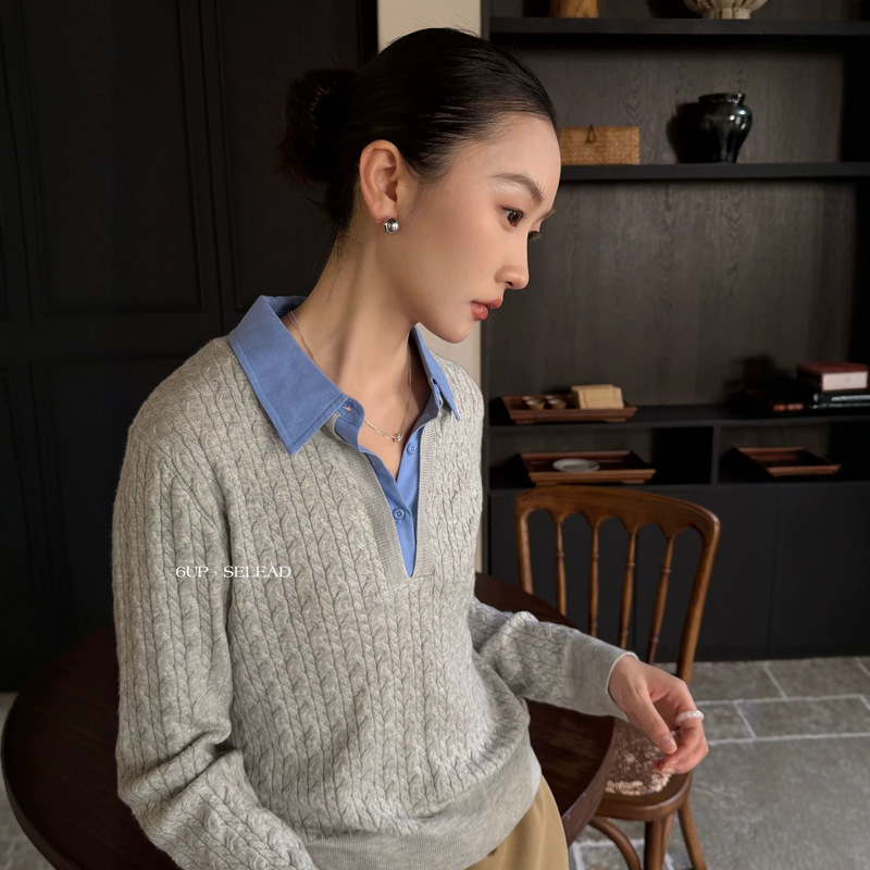 6UP Early Autumn Korean Style Fake Two-Piece Color-Block Turn-Down Collar Sweater for Women, Old Money Style, New Minimalist Commuting Versatile Sweater 61010 6UP Early Autumn Korean Style Fake Two-Piece Color-Block Turn-Down Collar Sweater for Women, Old Money Style, New Minimalist Commuting Versatile Sweater 61010