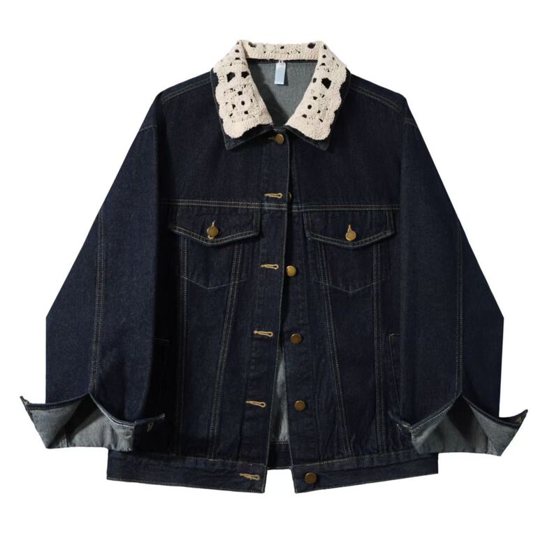 Plus Size Fat mm Retro Lace Splicing Denim Jacket Women's Autum Sweet and Cool Style Loose Casual Jacket Cardigan Top Plus Size Fat mm Retro Lace Splicing Denim Jacket Women's Autum Sweet and Cool Style Loose Casual Jacket Cardigan Top