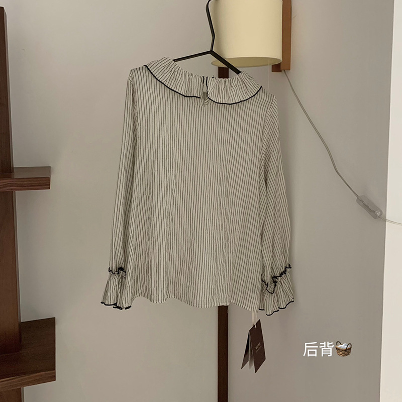 WGWE7158条纹荷叶领喇叭袖衬衫法式复古显瘦气质长袖上衣|undefined
