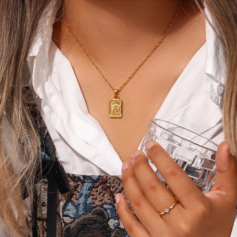 12g Weight 18K Gold Plated Plating Material Artificial Gemstones Inlay Material British Style Square Butterfly Titanium Steel Plating Inlay Artificial Gemstones 18k Gold Plated Pendant Necklace