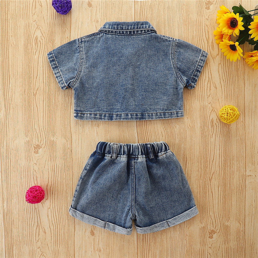 European And American Children's Clothing 2022 New Children's Summer Clothing Ins Girls Fashionable Denim Suit Baby Short-sleeved Shorts 2-piece Set
