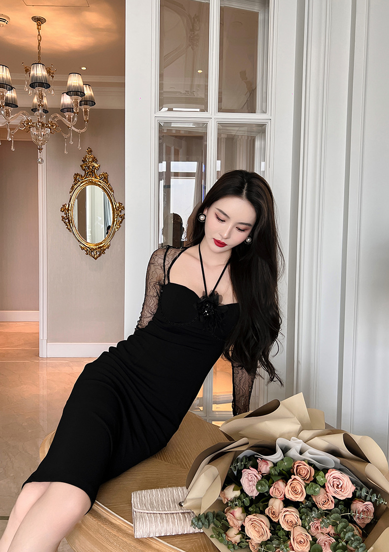 Đầm dài dáng ôm cổ halter phối lưới phong cách quý tộc — Màu đen chi tiết 15