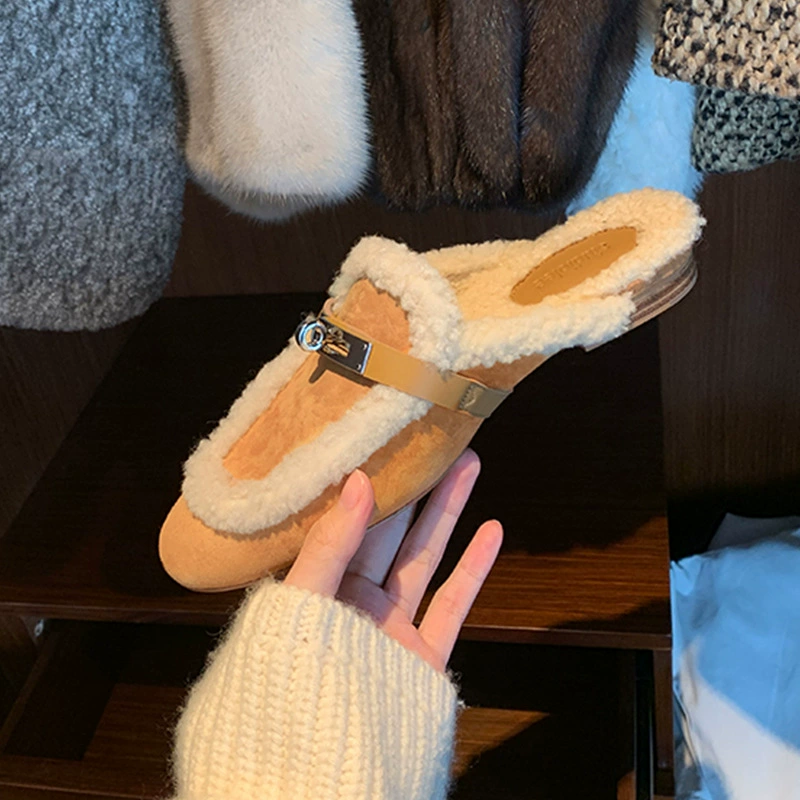 Замок Баотоу шерстяные тапочки ягненка женские каблуки осенью и зимой 2024 года
